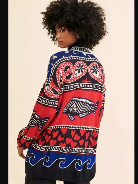 L Farm Rio x Anthropologie navy mixed prints knit cardigan sweater Fish & Hearts - Picture 3 of 11